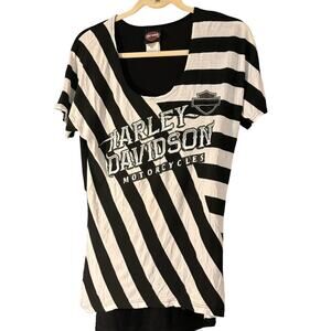 Harley Davidson Striped T-shirt Womans Large Biker Motorcycle Black White
